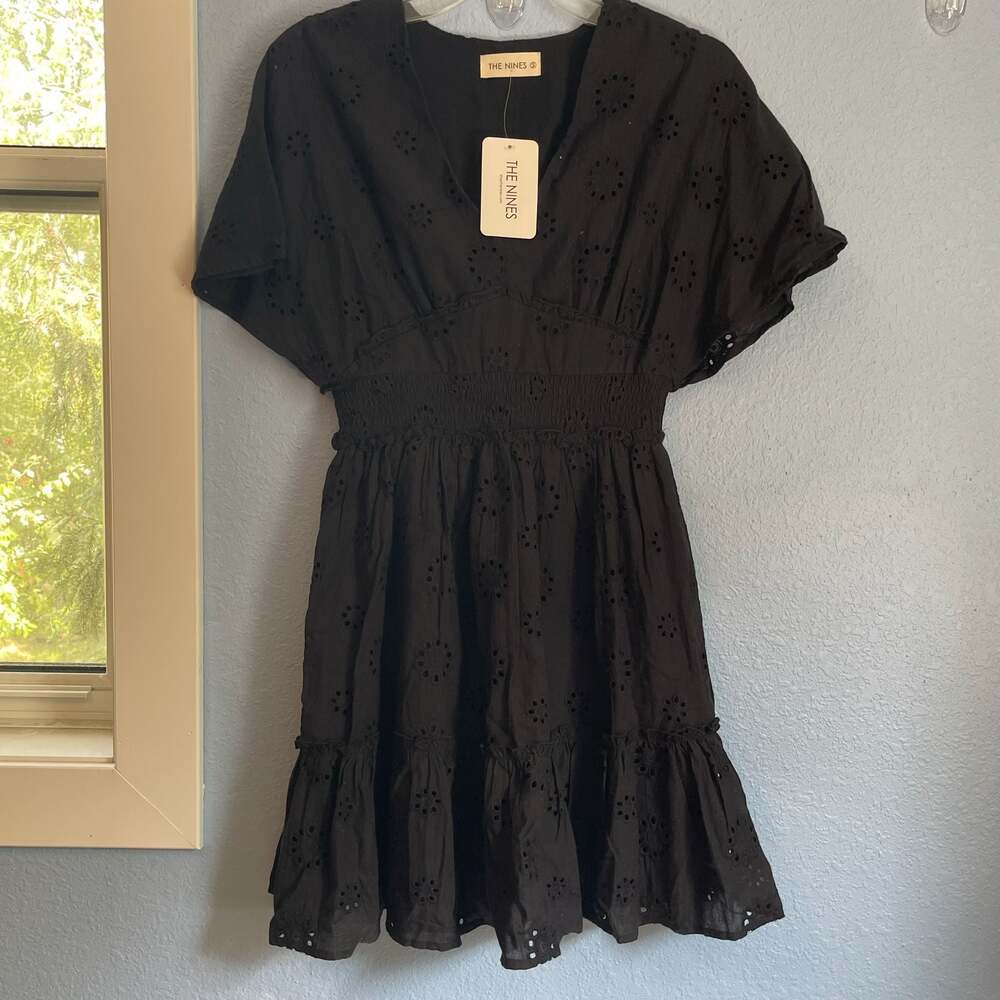 The Nines Black Eyelet Smocked V-Neck Tiered Mini Dress
